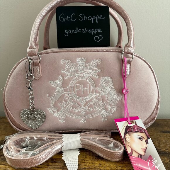 New Paris Hilton PH Crest Bowler Satchel Crossbody Bag Light Pink Logo Charm - Picture 1 of 7
